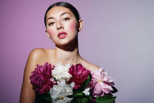 spring woman skincare brunette treatment beauty blush make-up face romantic girl natural female day woman model pink beauty portrait nature summer flower closeup