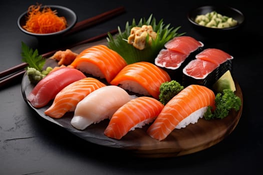 avocado japan view japanese set dark rice shrimp meal roll food fish salmon seafood sushi health top fresh tuna freshness. Generative AI.