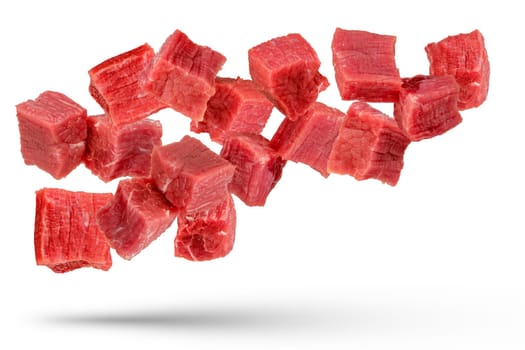 Pieces of raw beef. Set of fresh beef cubes isolated on white background. Isolate of beef cubes to insert into a design, project or for an advertising banner. High quality photo