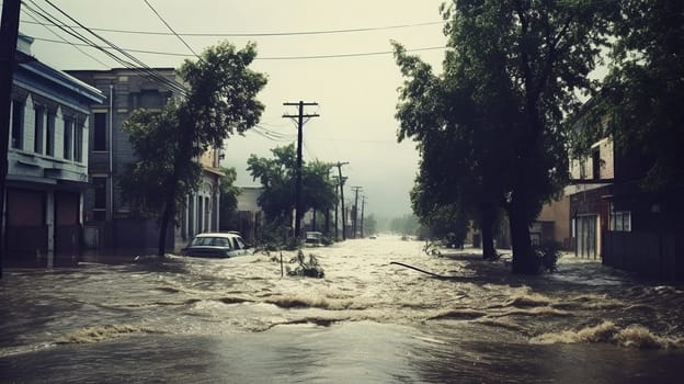 flood flood the river overflowed its banks. Natural disaster houses flooded with water. AI Generative.