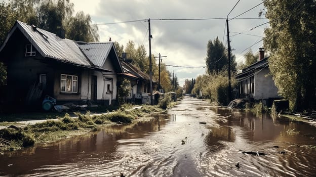 flood flood the river overflowed its banks. Natural disaster houses flooded with water. AI Generative.