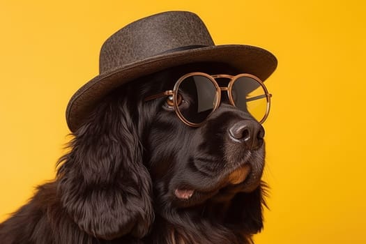 Portrait of a stylish Newfoundland dog in glasses and a hat close-up. Travel concept. Generative AI.