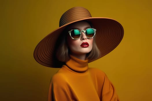 Portrait of a beautiful woman in glasses and a wide-brimmed hat. Studio photography. Generative AI.