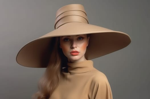 Portrait of a beautiful woman in a wide-brimmed hat. Studio photography Generative AI