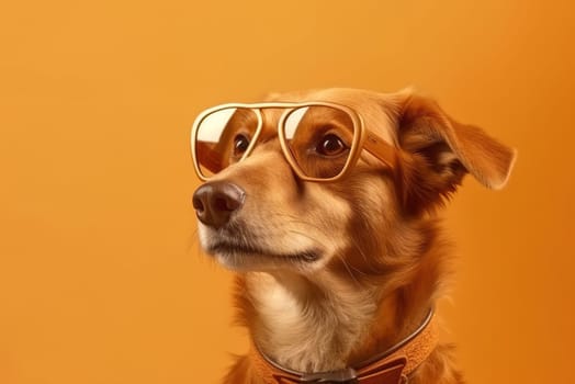 Portrait of a stylish dog in glasses close-up. Generative AI.