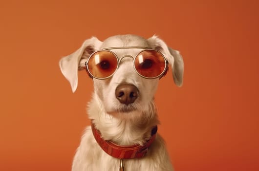 Portrait of a stylish dog in glasses close-up. Generative AI.