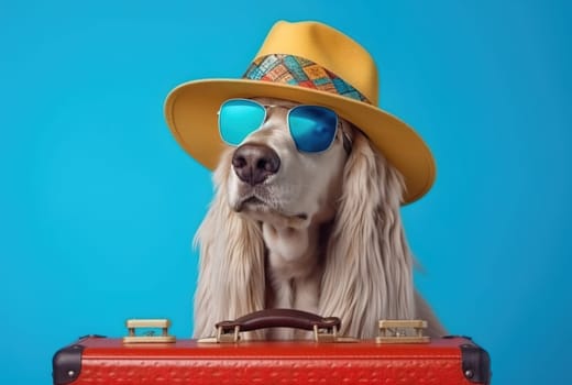 Afghan hound breed dog, wearing sunglasses, wearing a hat, with suitcases for vacation, summer travel concept. Generative AI.