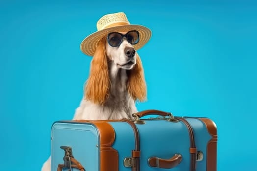 Afghan hound breed dog, wearing sunglasses, wearing a hat, with suitcases for vacation, summer travel concept. Generative AI.