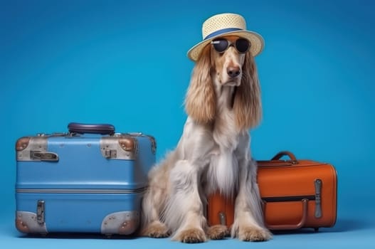 Afghan hound breed dog, wearing sunglasses, wearing a hat, with suitcases for vacation, summer travel concept. Generative AI.