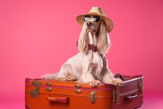 Afghan hound breed dog, wearing sunglasses, wearing a hat, with suitcases for vacation, summer travel concept. Generative AI.