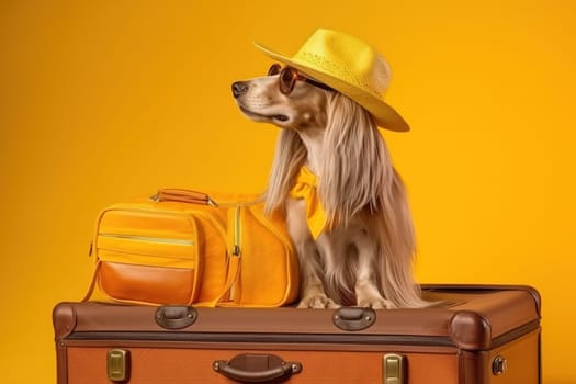 Afghan hound breed dog, wearing sunglasses, wearing a hat, with suitcases for vacation, summer travel concept. Generative AI.