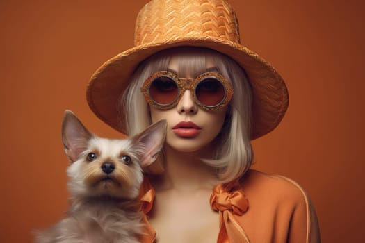 Portrait of a beautiful woman in glasses and a wide-brimmed hat. Holds a dog. Studio photography. Generative AI.