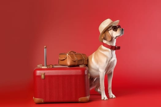 Labrador dog breed, wearing sunglasses, wearing a hat, with suitcases for vacation, summer travel concept. Generative AI.