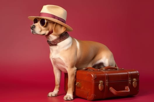 Labrador dog breed, wearing sunglasses, wearing a hat, with suitcases for vacation, summer travel concept. Generative AI.