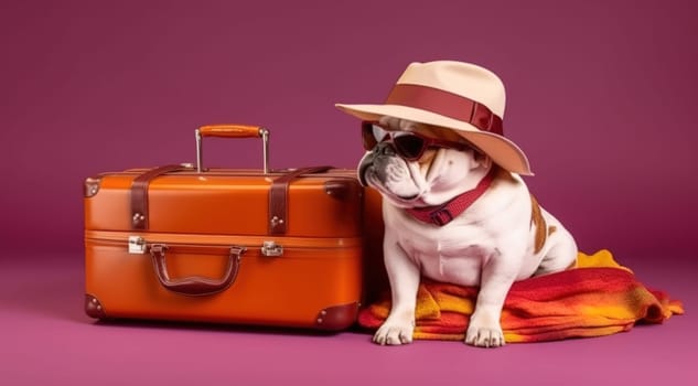 Bulldog dog breed, wearing sunglasses, wearing a hat, with suitcases for vacation, summer travel concept. Generative AI.