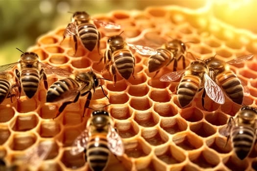 A family of bees collects honey in honeycombs. Generative AI