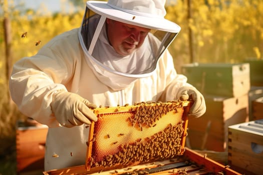 The beekeeper collects honey from the honeycombs in the apiary. Generative AI