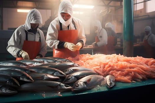 Workers at a fish factory cut fish carcasses. Generative AI