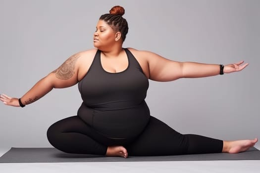 A fat woman is doing yoga in the studio. Generative AI.