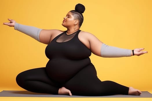 A fat woman is doing yoga in the studio. Generative AI.