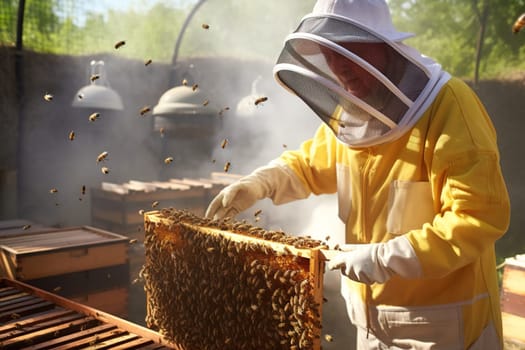 The beekeeper collects honey from the honeycombs in the apiary. Generative AI