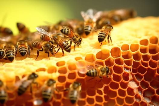 A family of bees collects honey in honeycombs. Generative AI