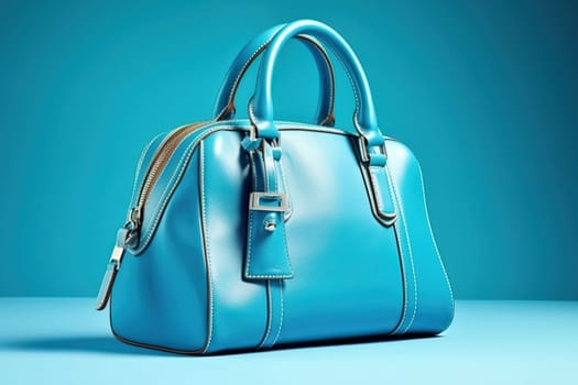 Fashionable, stylish, blue women's bag on a blue background. Design decision. Generative AI. High quality illustration