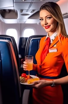 Flight attendant serving food to customers on the plane with a smile. Generative AI. High quality illustration