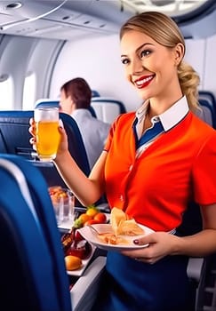 Flight attendant serving food to customers on the plane with a smile. Generative AI. High quality illustration