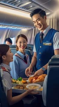 A Chinese steward with a smile serves food on the plane to customers. Generative AI. High quality illustration