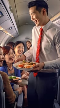 A Chinese steward with a smile serves food on the plane to customers. Generative AI. High quality illustration