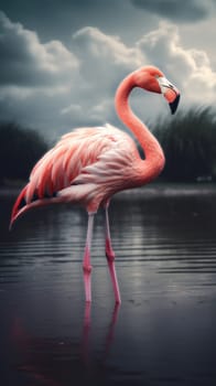 A pink flamingo stands in the water. Close-up. Generative AI.