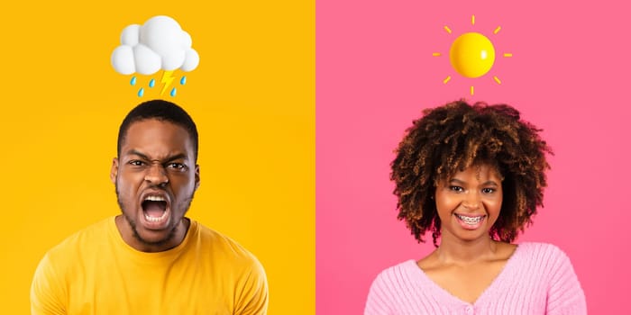 Emotional Turbulence. Angry Black Man And Happy Woman Posing Over Colorful Backgrounds, Creative Collage Of Male And Female With Weather Emojis Above Head Suffering Different Emotions, Panorama