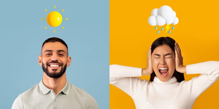 Behavioral Change. Creative Collage With Happy Arab Man And Anxious Asian Woman Standing Over Colorful Backgrounds, Sun And Rainy Cloud Emojis As Sign Of Diverse Mood And Emotional Switch, Panorama