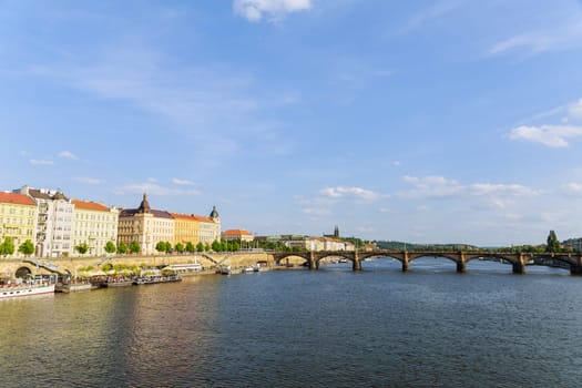 22 May 2022 Prague, Czech Republic. Bridge over Vltava River, View from height of the beauty of city of Prague in the Czech Republic