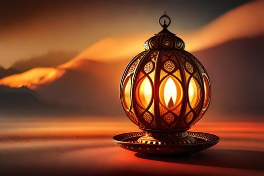 3D rendering indian lamp for diwali celebration on soft background ethereal. Colorful particle effects in the background. Gold filigree on a indian lamp. AI-generated Digital Art