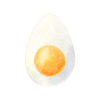 Watercolor painting of boiled egg illustration isolated on white background. Half of sliced egg for breakfast. Hand drawn ingredients for restaurant menu, receipt, label, packaging design.