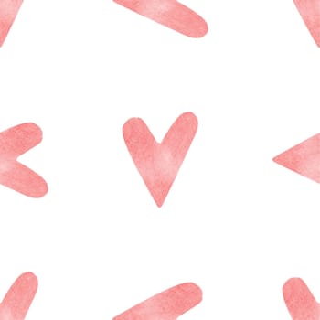 Seamless pattern with bright pink hand painted watercolor hearts. Romantic decorative background perfect for Valentine's day gift paper, wedding decor or fabric textile