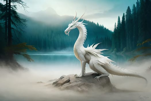 A painting of a friendly dinosaur with a mountain in the background. Fantasy friendly dragon portrait. Surreal artwork of dragon from medieval mythology.