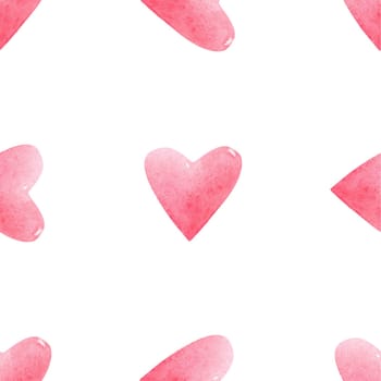 Seamless pattern with bright pink hand painted watercolor hearts. Romantic decorative background perfect for Valentine's day gift paper, wedding decor or fabric textile