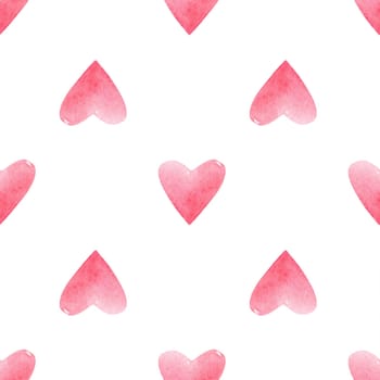 Seamless pattern with bright pink hand painted watercolor hearts. Romantic decorative background perfect for Valentine's day gift paper, wedding decor or fabric textile