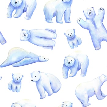 Polar white bear seamless pattern. Watercolor hand drawn illustrations on white. Blue childish background
