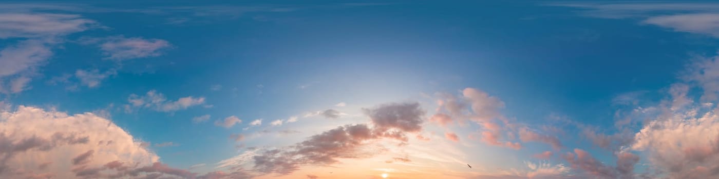 Dark blue sunset sky panorama with pink Cumulus clouds. Seamless hdr 360 pano in spherical equirectangular format. Full zenith for 3D visualization, game, sky replacement for aerial drone panoramas