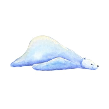 Funny polar bear is lying. Watercolor hand drawn illustration isolated on white. North animal.