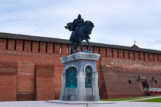 Kolomna, Russia - May 30, 2023: Monument to Dmitry Donskoy against the backdrop of the wall of the Kolomna Kremlin