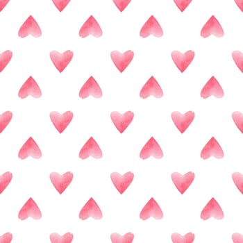 Seamless pattern with bright pink hand painted watercolor hearts. Romantic decorative background perfect for Valentine's day gift paper, wedding decor or fabric textile