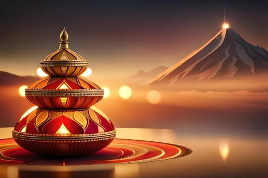 3D rendering indian lamp for diwali celebration on soft background ethereal. Colorful particle effects in the background. Gold filigree on a indian lamp. AI-generated Digital Art