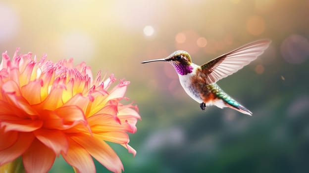 Hummingbird with bloom in forest. Colibri flying in the nature tropical flower. Ai Generative.