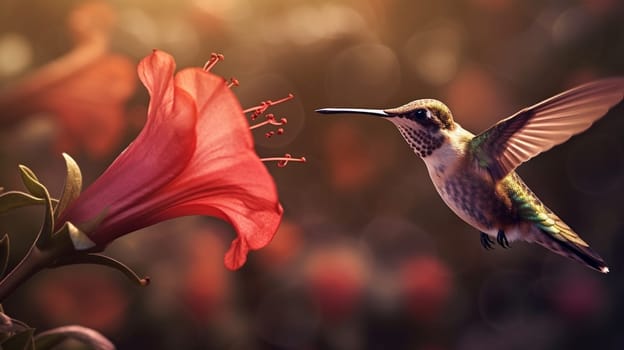 Hummingbird with bloom in forest. Colibri flying in the nature tropical flower. Ai Generative.