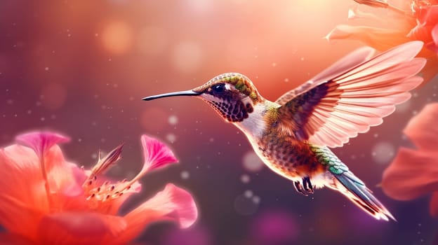 Hummingbird with bloom in forest. Colibri flying in the nature tropical flower. Ai Generative.